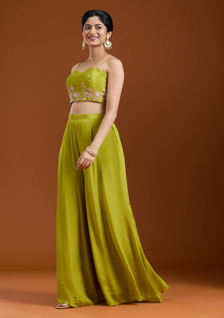Mehandi Green Threadwork Chiffon Readymade Salwar Suit-Koskii