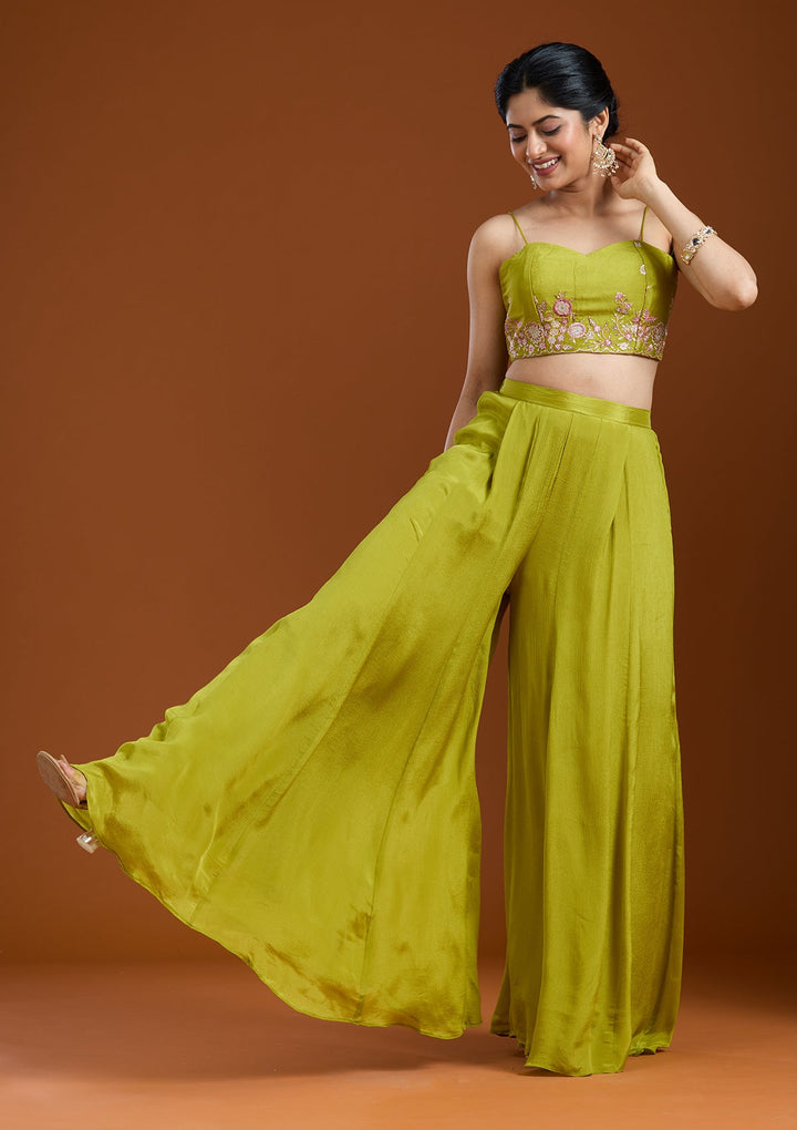 Mehandi Green Threadwork Chiffon Readymade Salwar Suit-Koskii