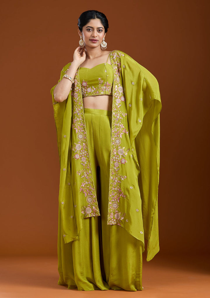 Mehandi Green Threadwork Chiffon Readymade Salwar Suit-Koskii