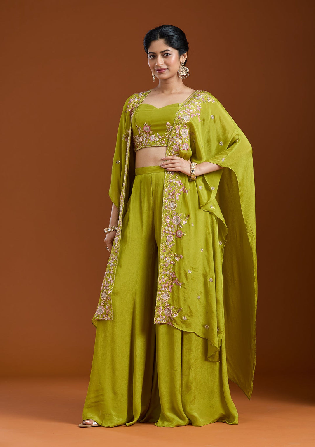 Mehandi Green Threadwork Chiffon Readymade Salwar Suit-Koskii