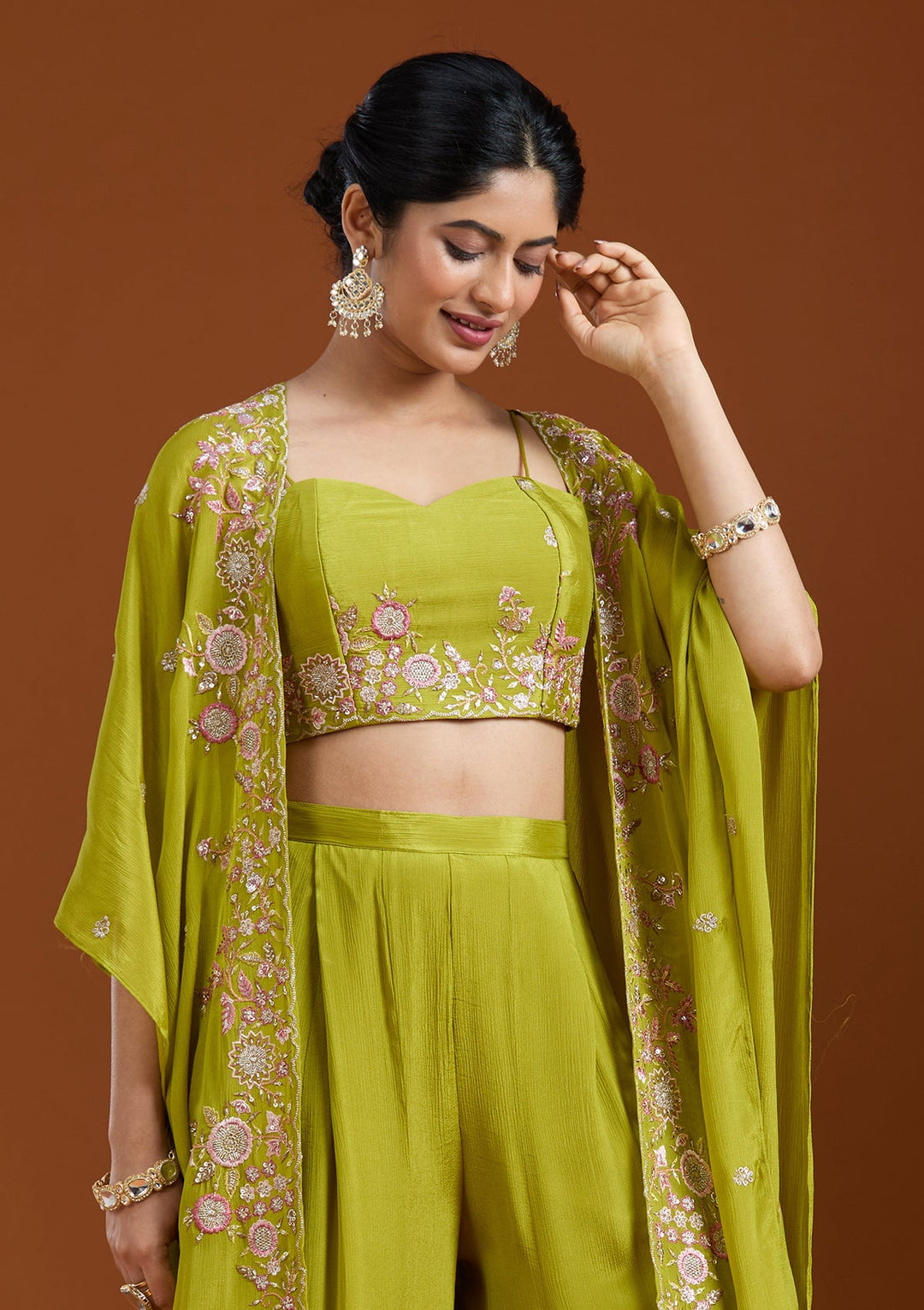 Mehandi Green Threadwork Chiffon Readymade Salwar Suit-Koskii