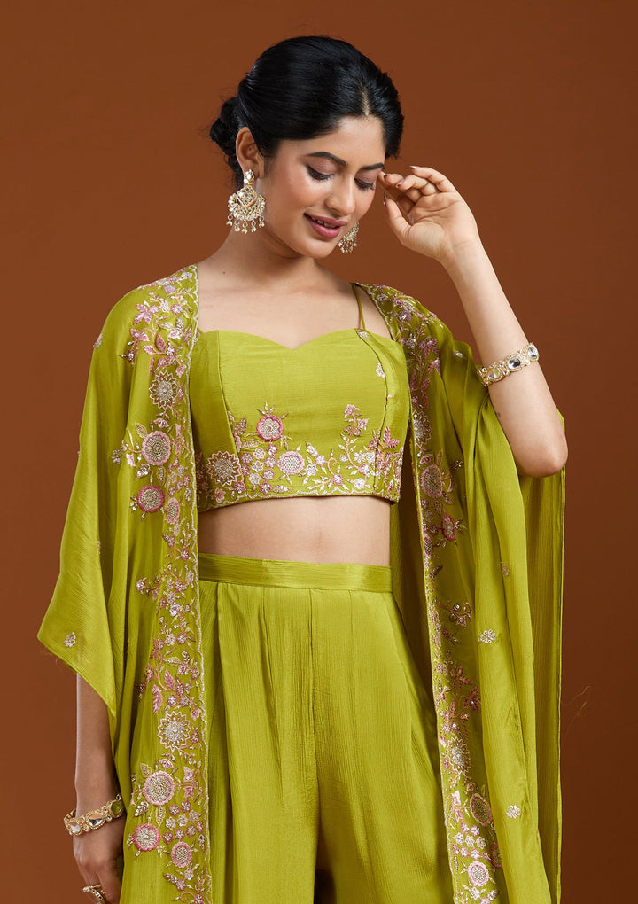 Mehandi Green Threadwork Chiffon Readymade Salwar Suit-Koskii