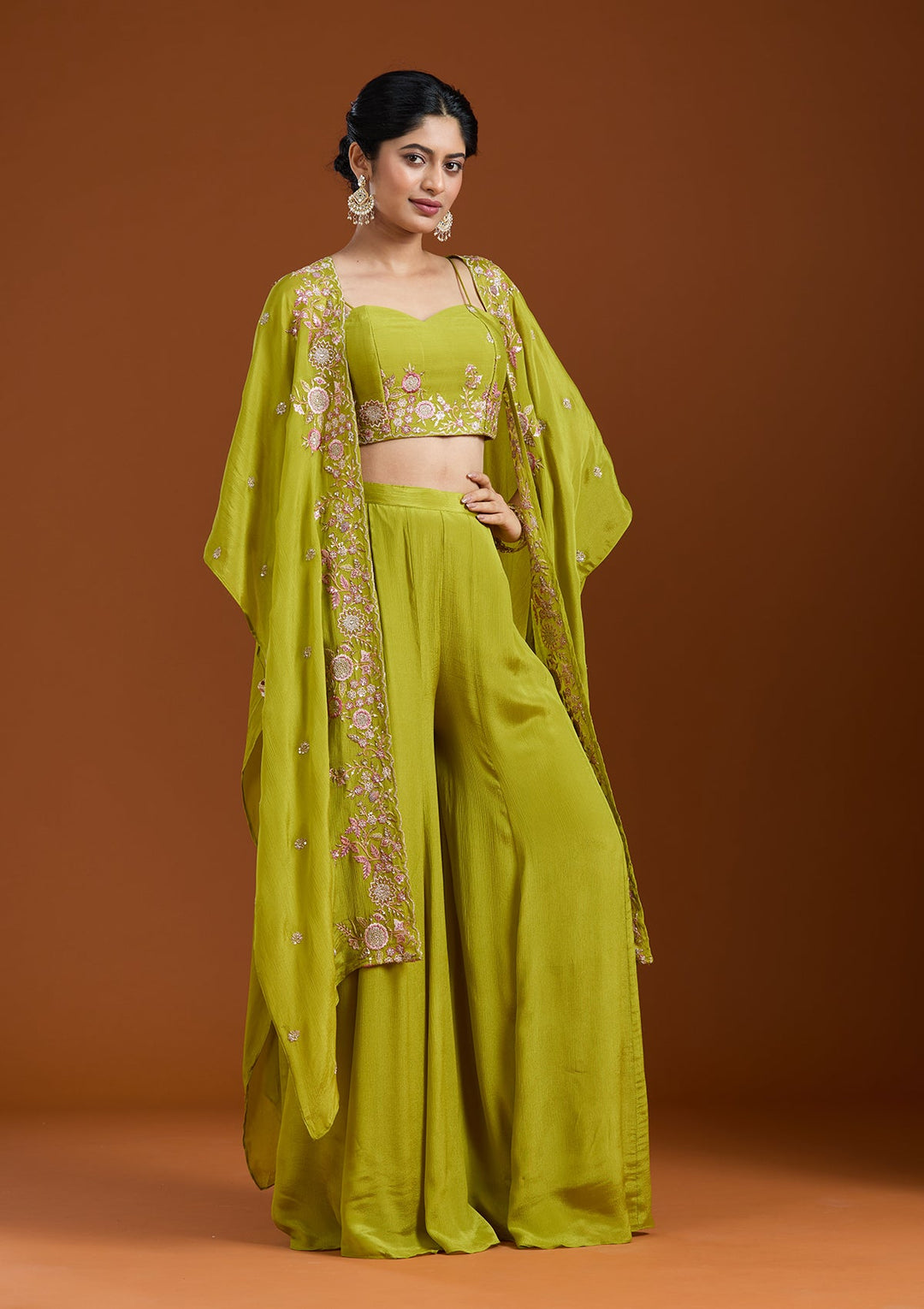 Mehandi Green Threadwork Chiffon Readymade Salwar Suit-Koskii