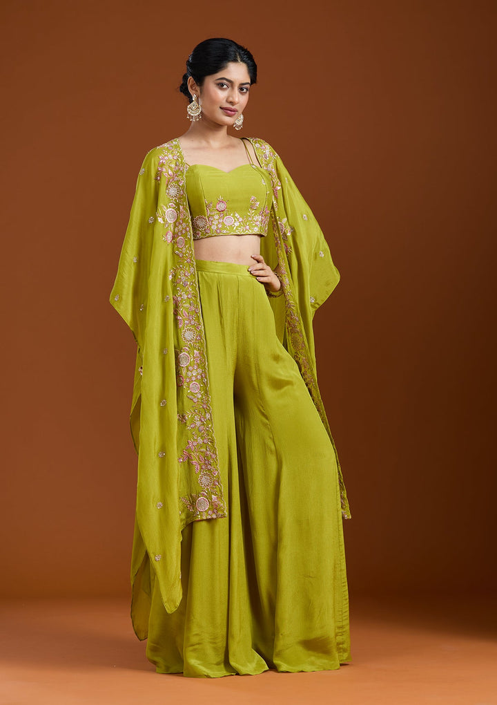 Mehandi Green Threadwork Chiffon Readymade Salwar Suit-Koskii