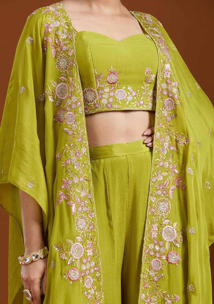 Mehandi Green Threadwork Chiffon Readymade Salwar Suit-Koskii