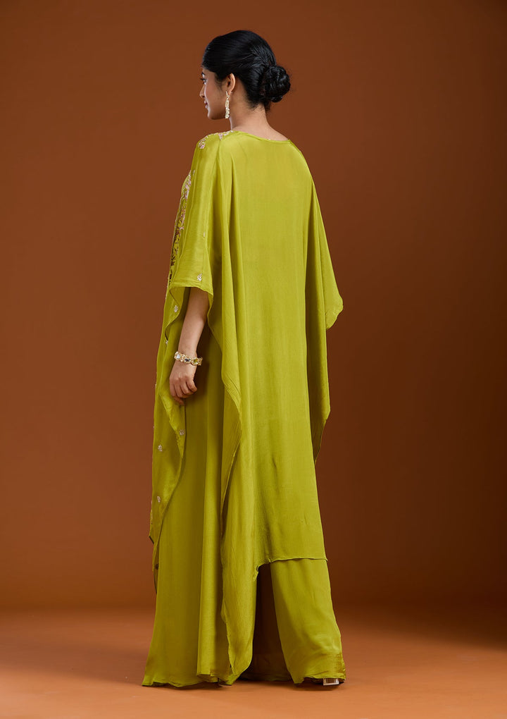 Mehandi Green Threadwork Chiffon Readymade Salwar Suit-Koskii