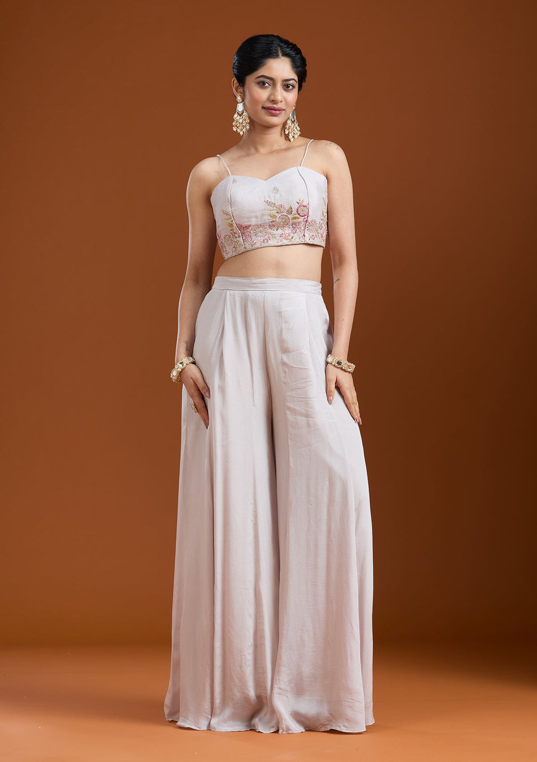Off White Threadwork Chiffon Readymade Salwar Suit-Koskii