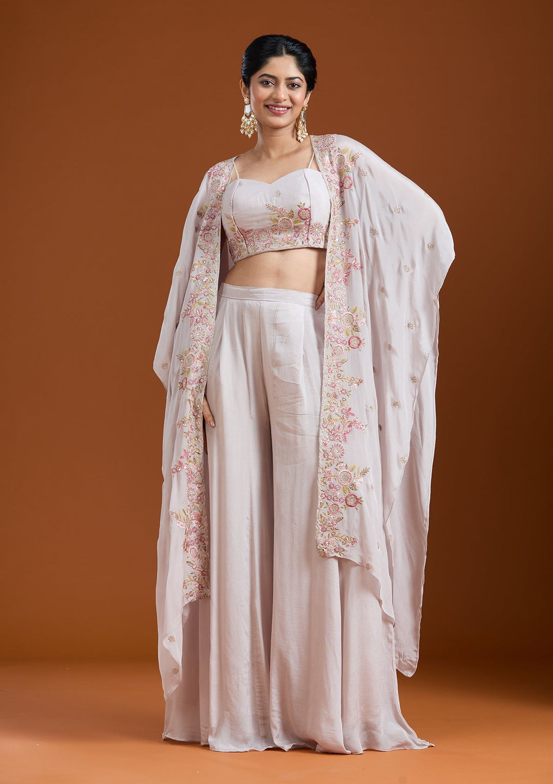 Off White Threadwork Chiffon Readymade Salwar Suit-Koskii