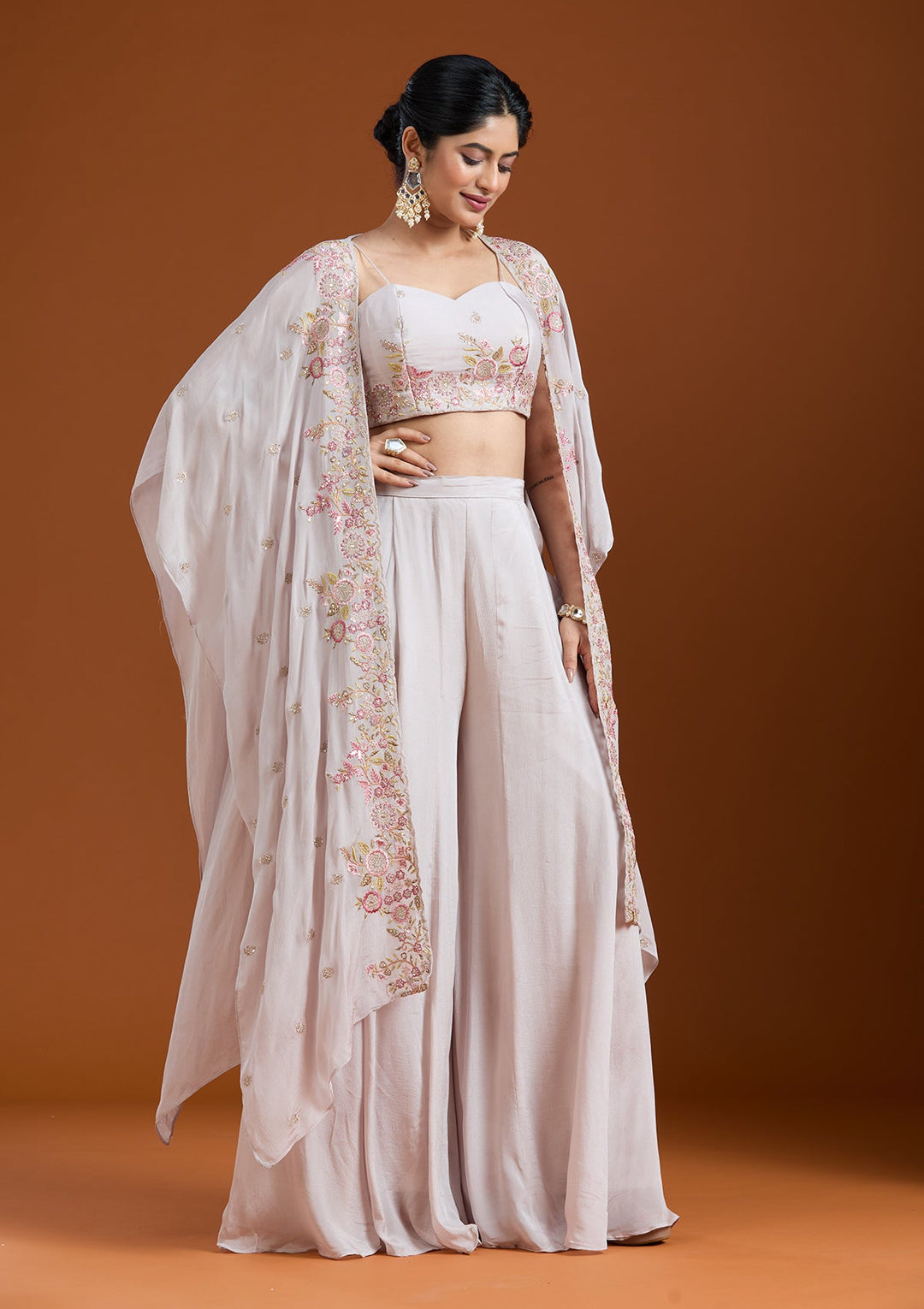 Off White Threadwork Chiffon Readymade Salwar Suit-Koskii