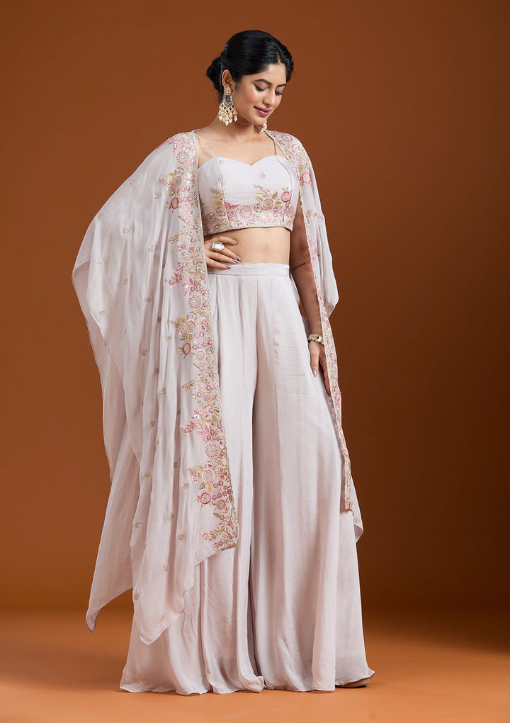 Off White Threadwork Chiffon Readymade Salwar Suit-Koskii