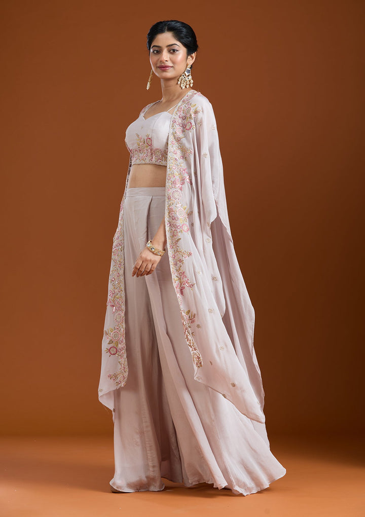 Off White Threadwork Chiffon Readymade Salwar Suit-Koskii