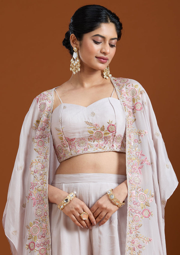 Off White Threadwork Chiffon Readymade Salwar Suit-Koskii