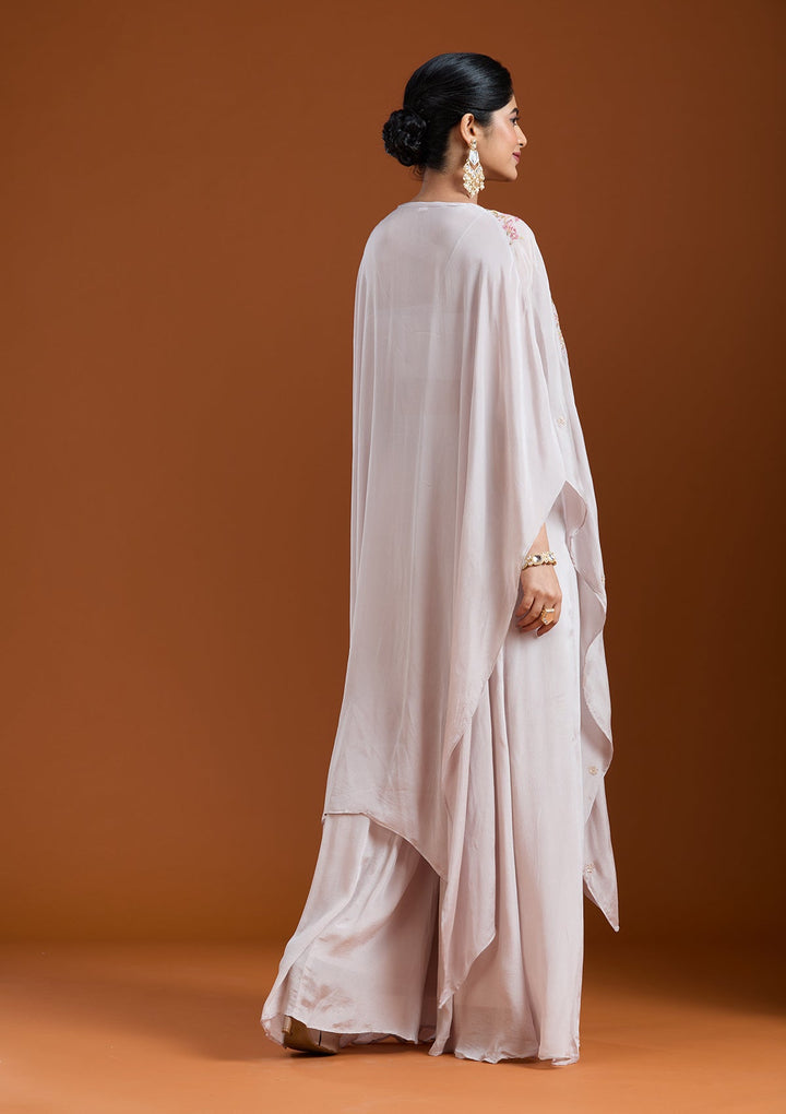 Off White Threadwork Chiffon Readymade Salwar Suit-Koskii