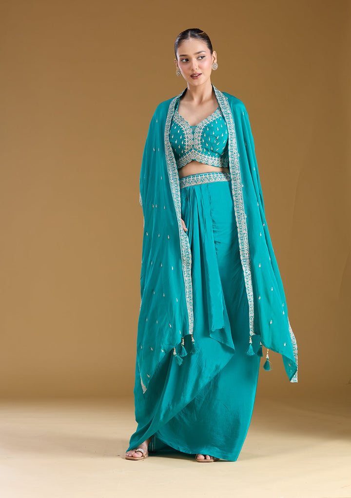 Turquoise Blue Zariwork (Gold) Chiffon Readymade Salwar Suit