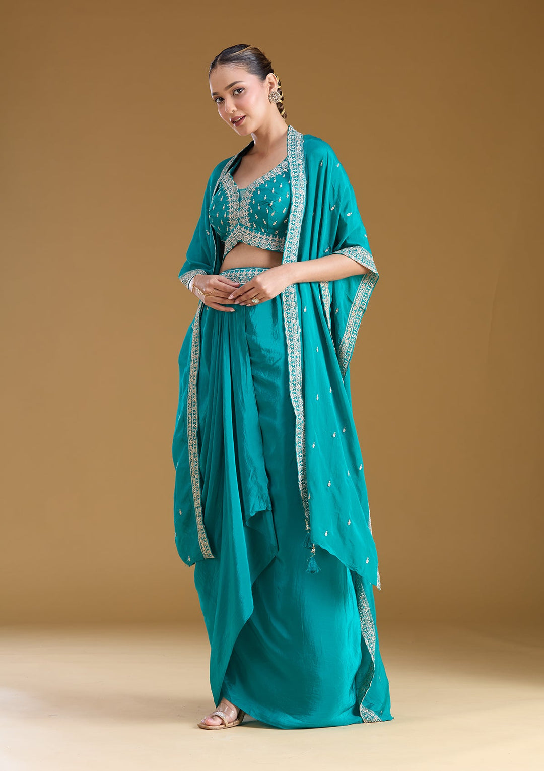 Turquoise Blue Zariwork (Gold) Chiffon Readymade Salwar Suit