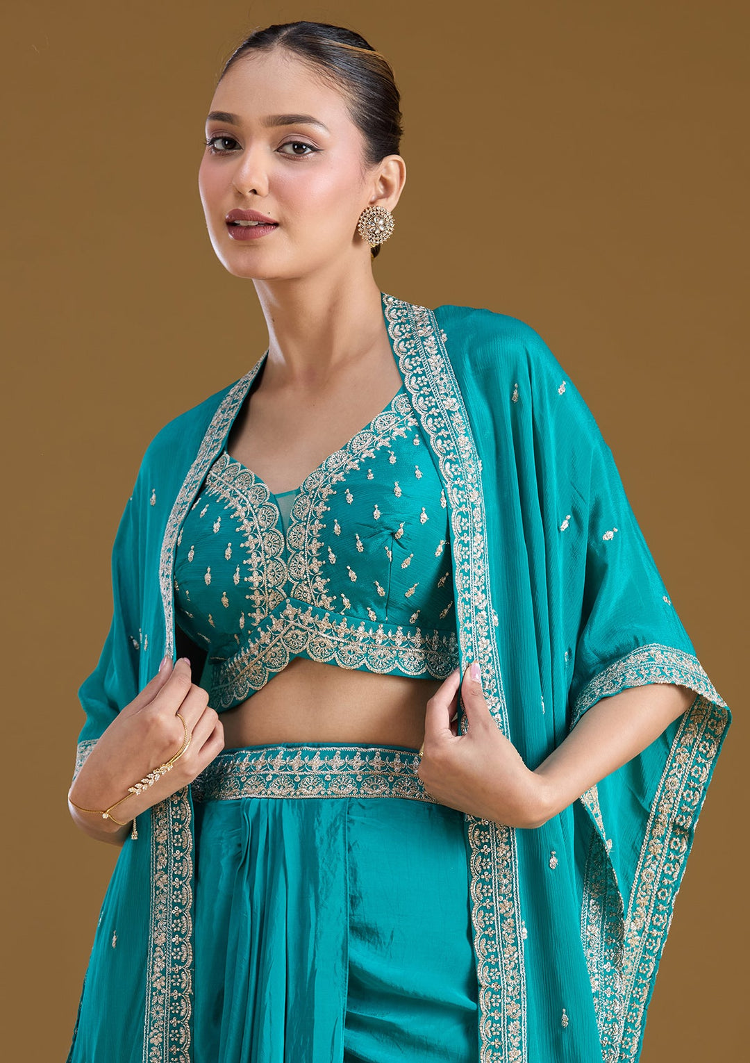 Turquoise Blue Zariwork (Gold) Chiffon Readymade Salwar Suit