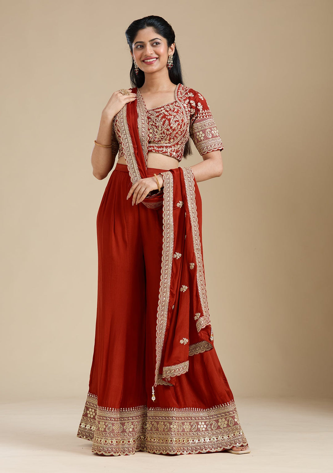 Rust Zariwork (Gold) Chiffon Readymade Salwar Suit-Koskii