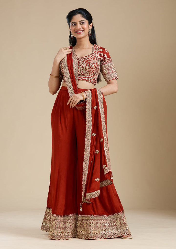 Rust Zariwork (Gold) Chiffon Readymade Salwar Suit-Koskii