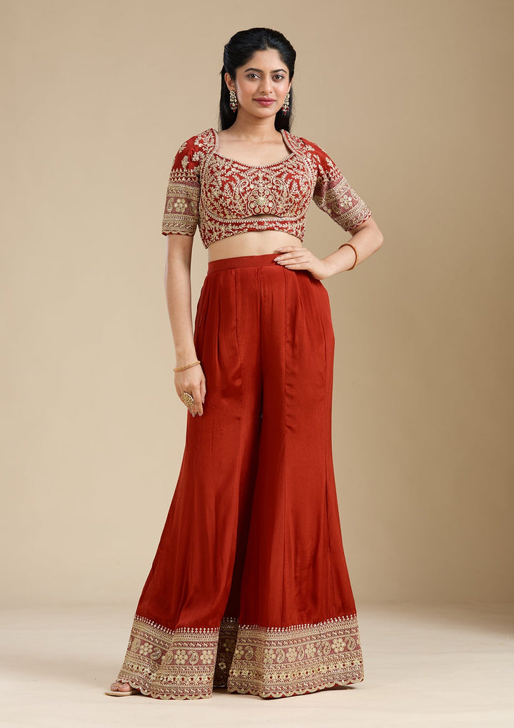Rust Zariwork (Gold) Chiffon Readymade Salwar Suit-Koskii