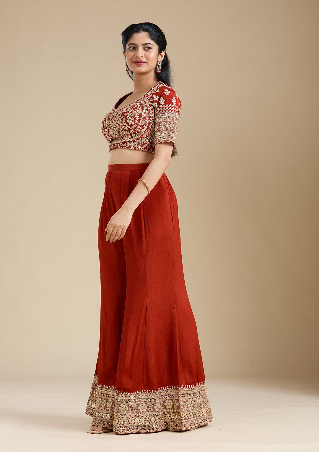 Rust Zariwork (Gold) Chiffon Readymade Salwar Suit-Koskii
