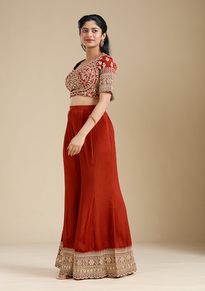 Rust Zariwork (Gold) Chiffon Readymade Salwar Suit-Koskii