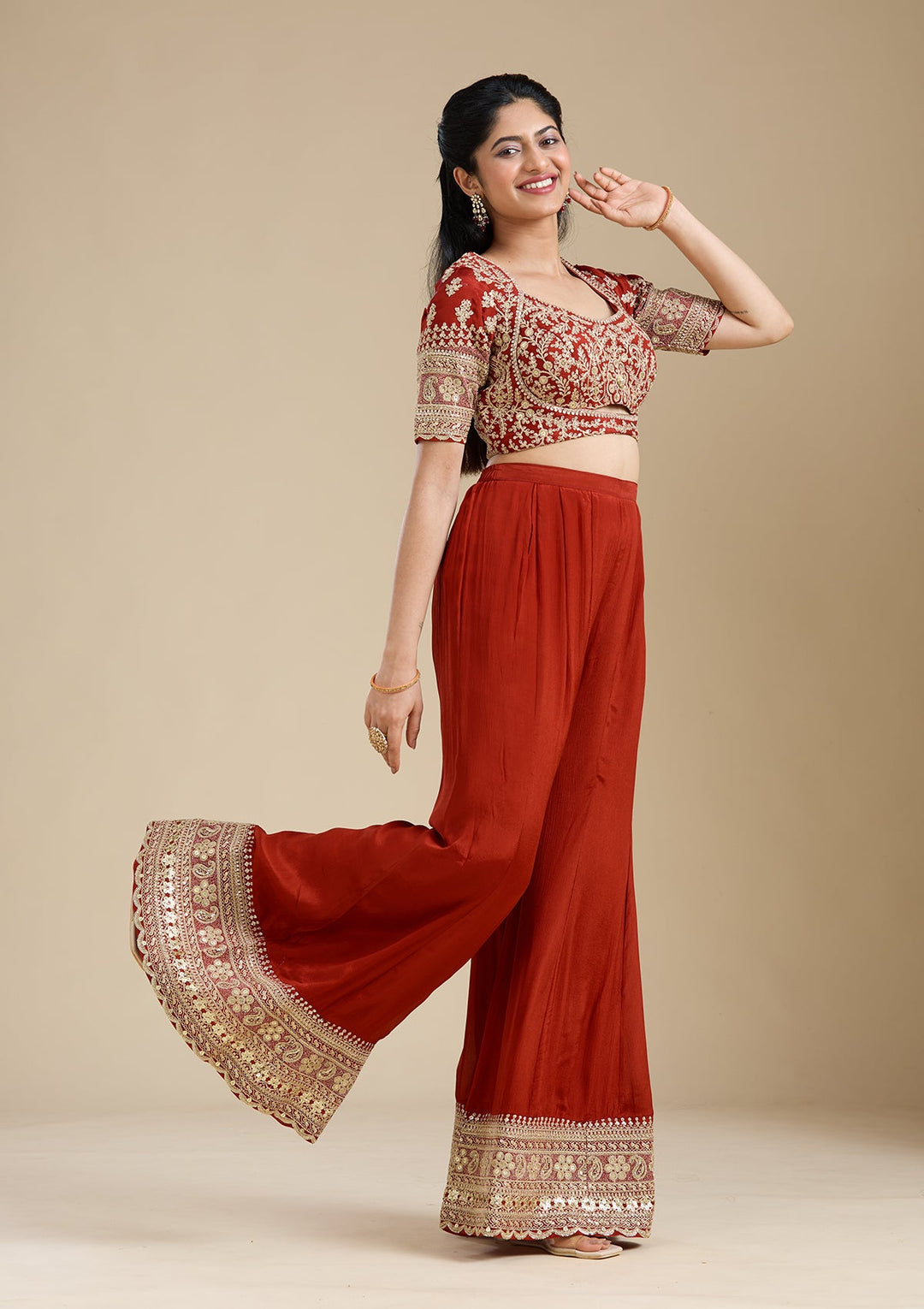 Rust Zariwork (Gold) Chiffon Readymade Salwar Suit-Koskii