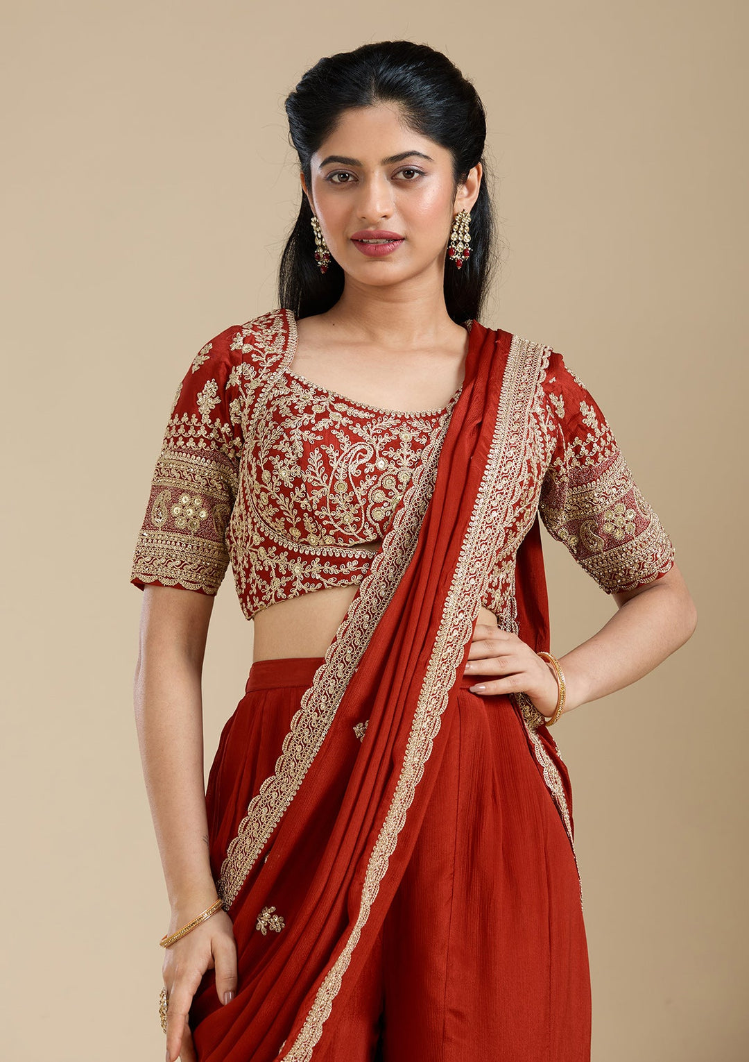 Rust Zariwork (Gold) Chiffon Readymade Salwar Suit-Koskii