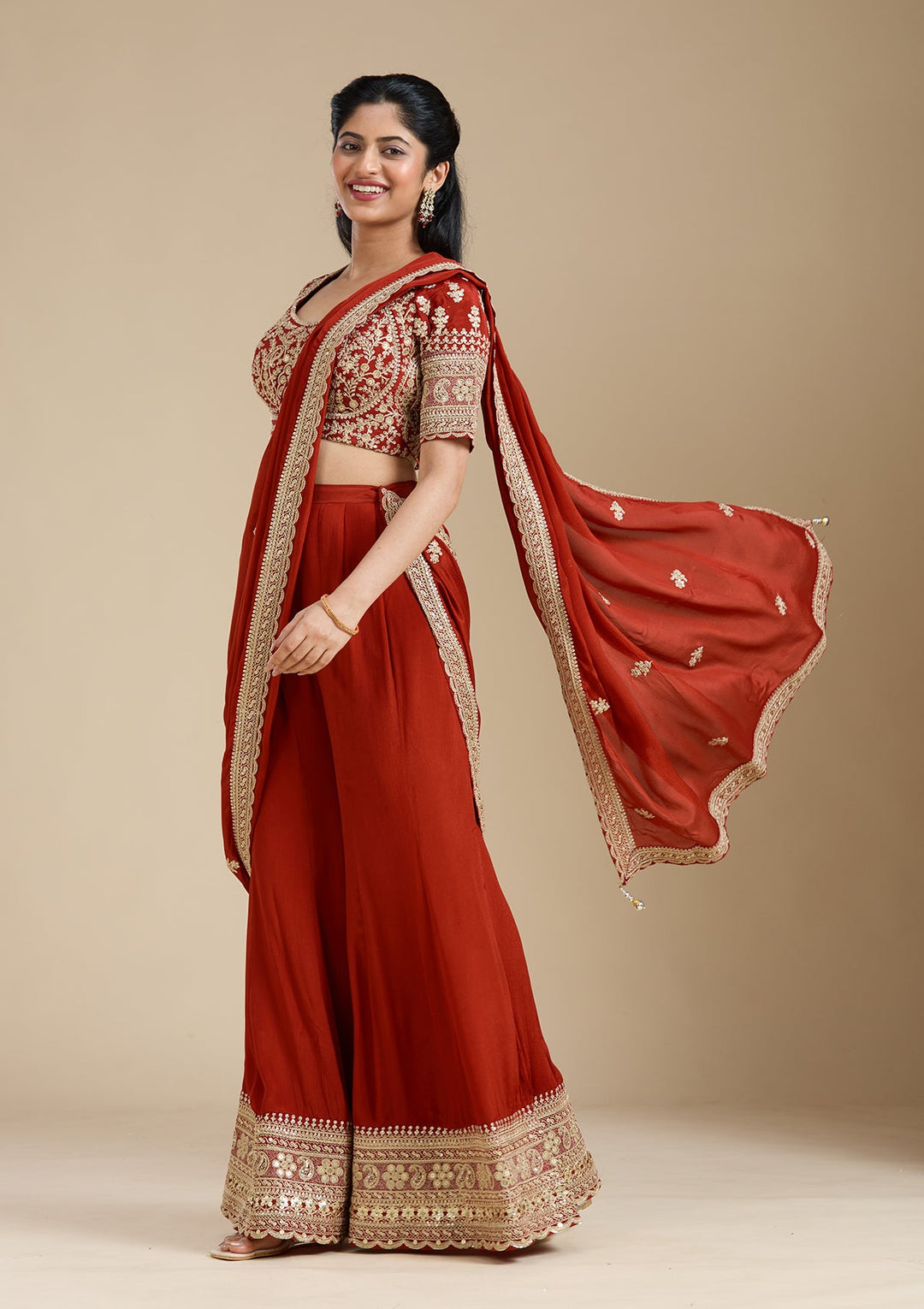 Rust Zariwork (Gold) Chiffon Readymade Salwar Suit-Koskii
