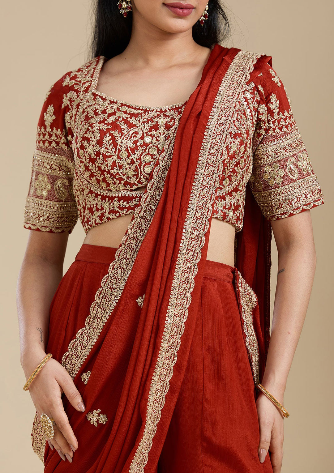 Rust Zariwork (Gold) Chiffon Readymade Salwar Suit-Koskii