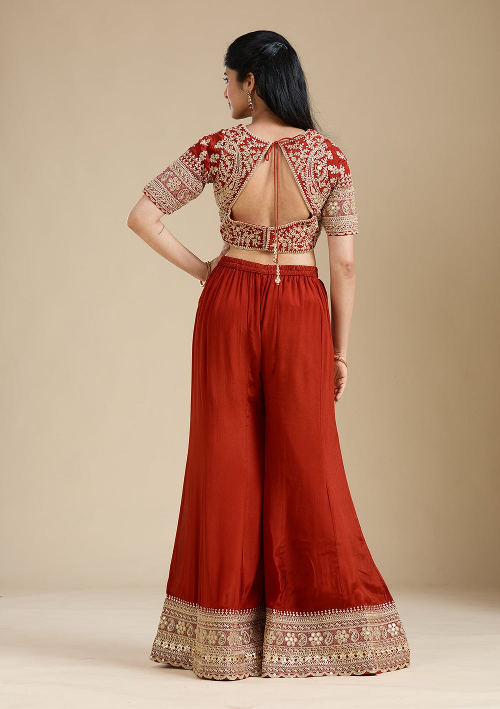 Rust Zariwork (Gold) Chiffon Readymade Salwar Suit-Koskii