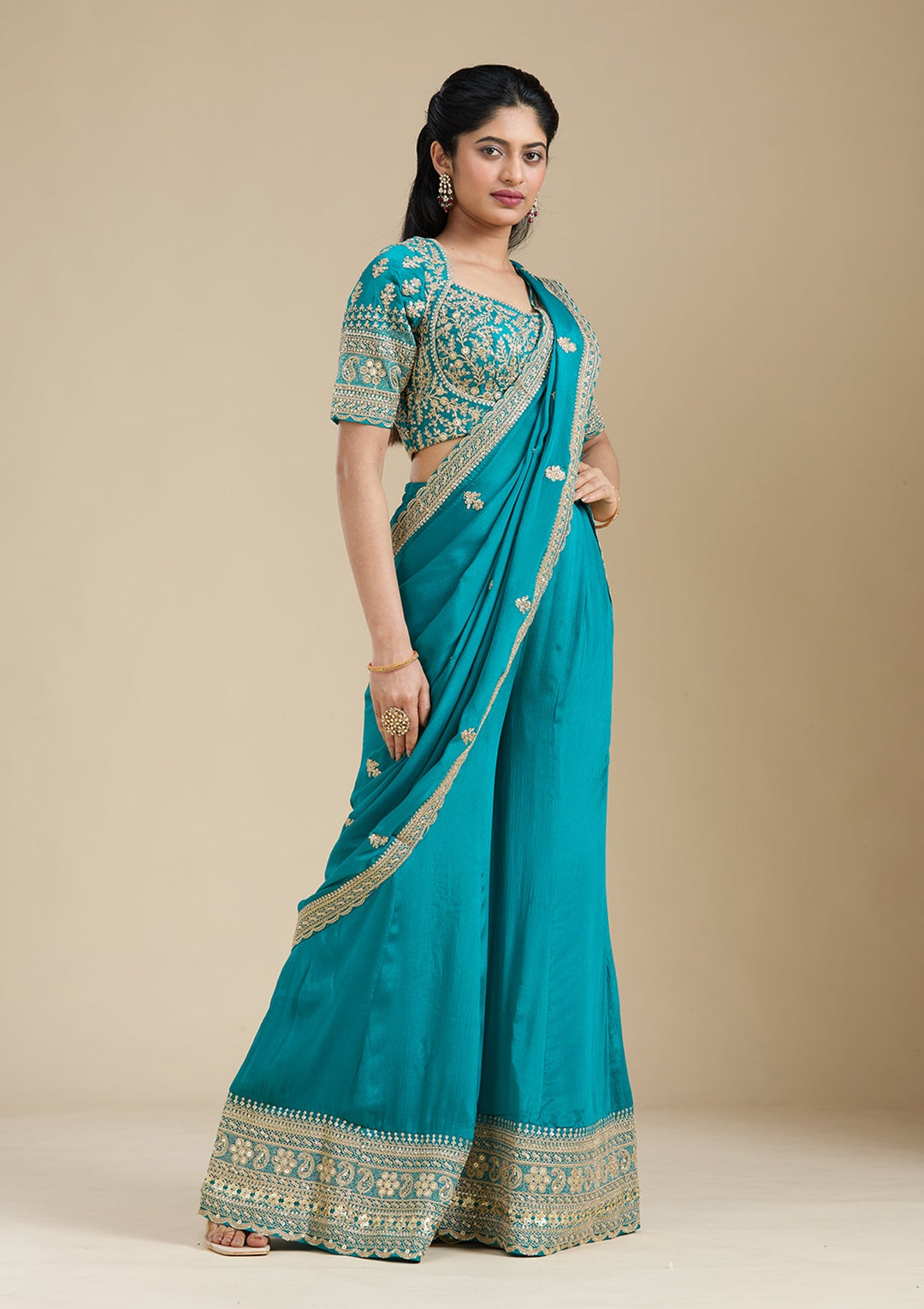 Turquoise Blue Zariwork (Gold) Chiffon Readymade Salwar Suit-Koskii