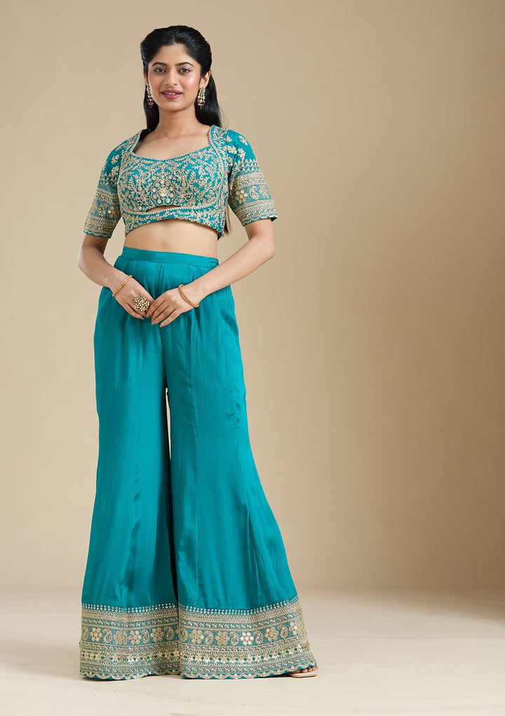 Turquoise Blue Zariwork (Gold) Chiffon Readymade Salwar Suit-Koskii