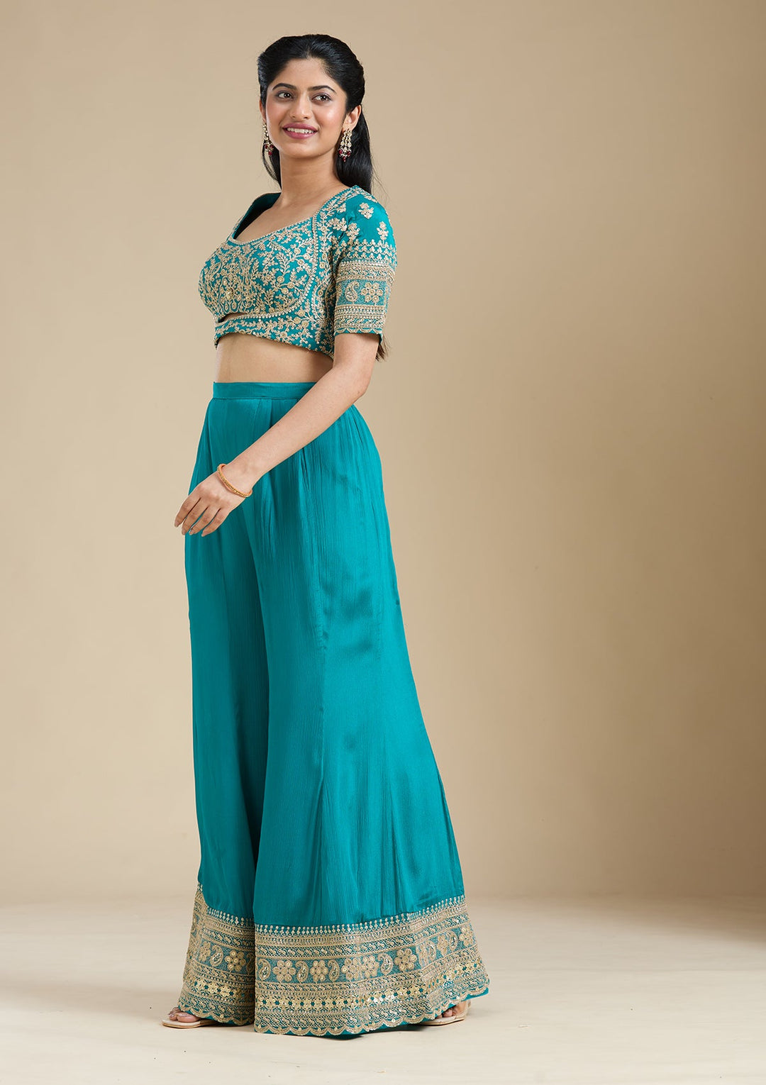 Turquoise Blue Zariwork (Gold) Chiffon Readymade Salwar Suit-Koskii