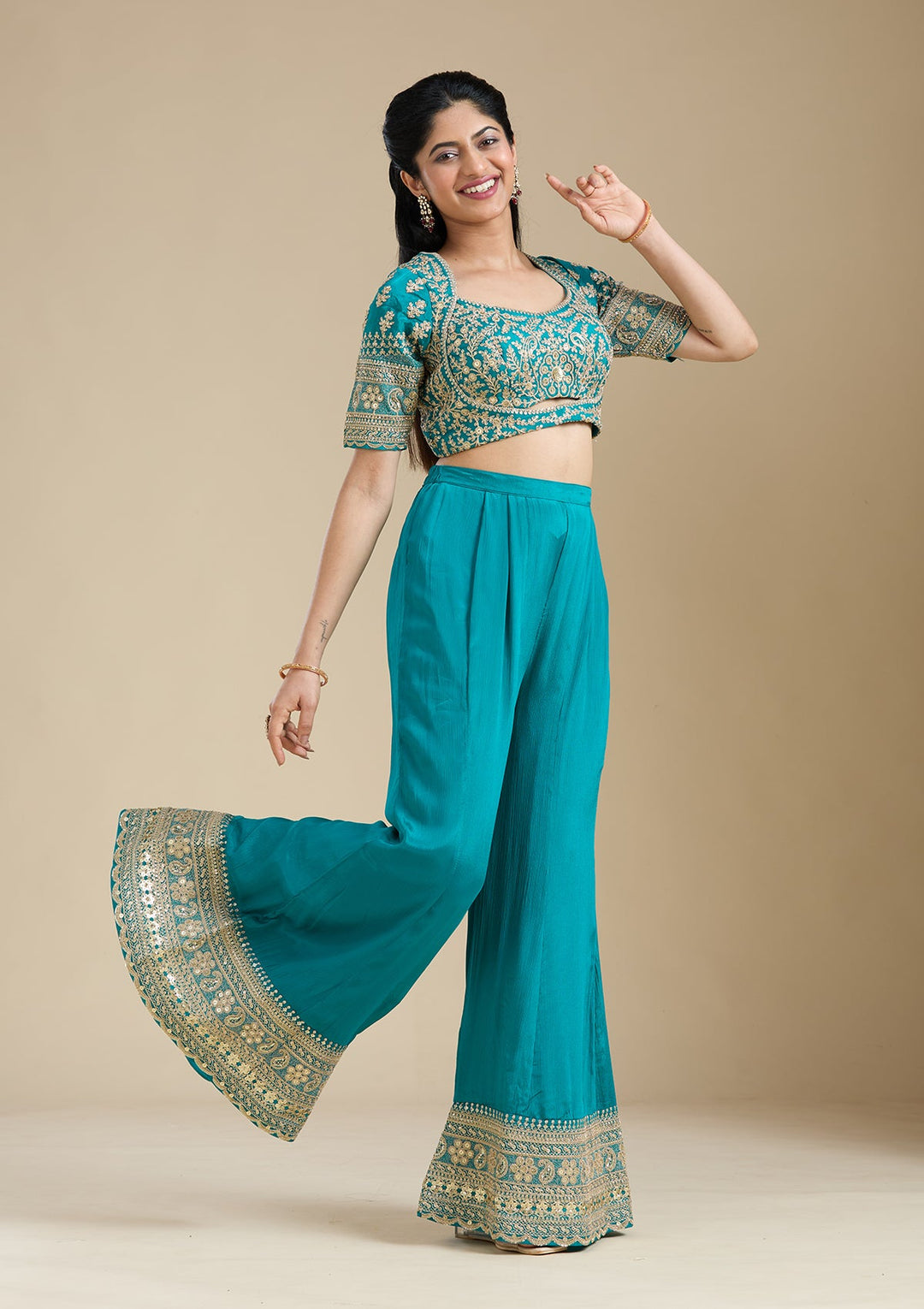 Turquoise Blue Zariwork (Gold) Chiffon Readymade Salwar Suit-Koskii