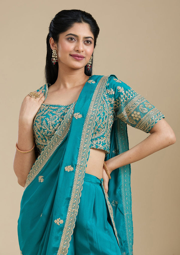 Turquoise Blue Zariwork (Gold) Chiffon Readymade Salwar Suit-Koskii