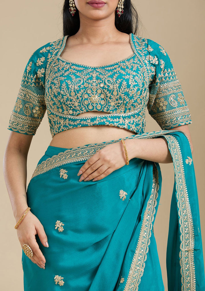 Turquoise Blue Zariwork (Gold) Chiffon Readymade Salwar Suit-Koskii
