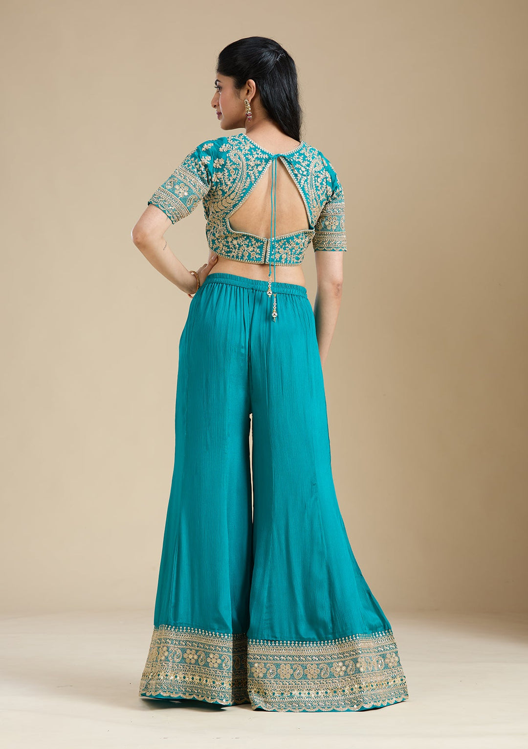 Turquoise Blue Zariwork (Gold) Chiffon Readymade Salwar Suit-Koskii