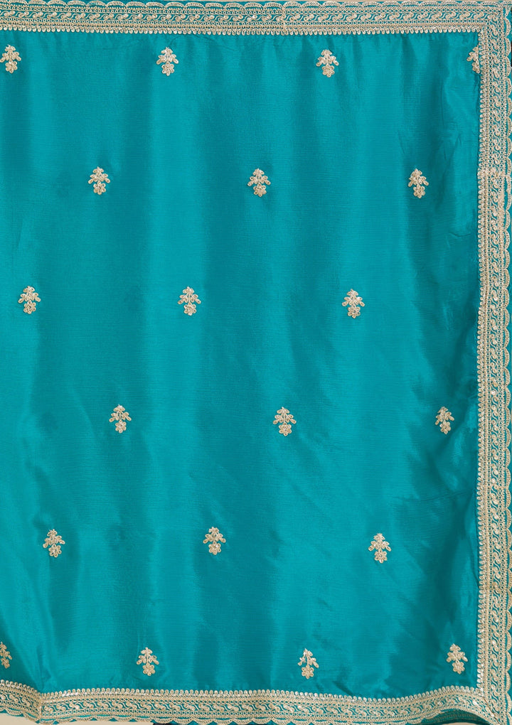 Turquoise Blue Zariwork (Gold) Chiffon Readymade Salwar Suit-Koskii