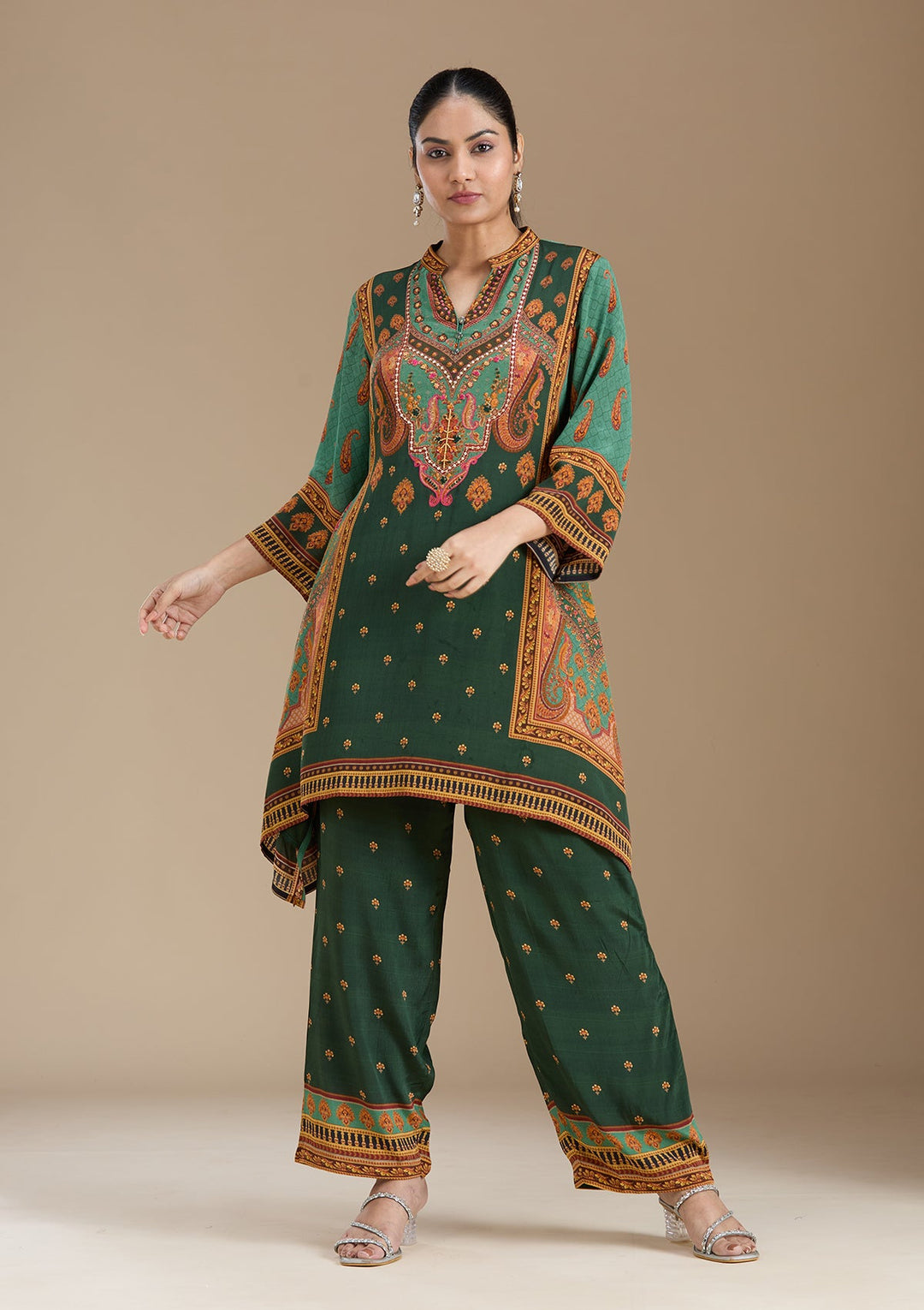 Teal Green Printed Crepe Readymade Salwar Suit_koskii