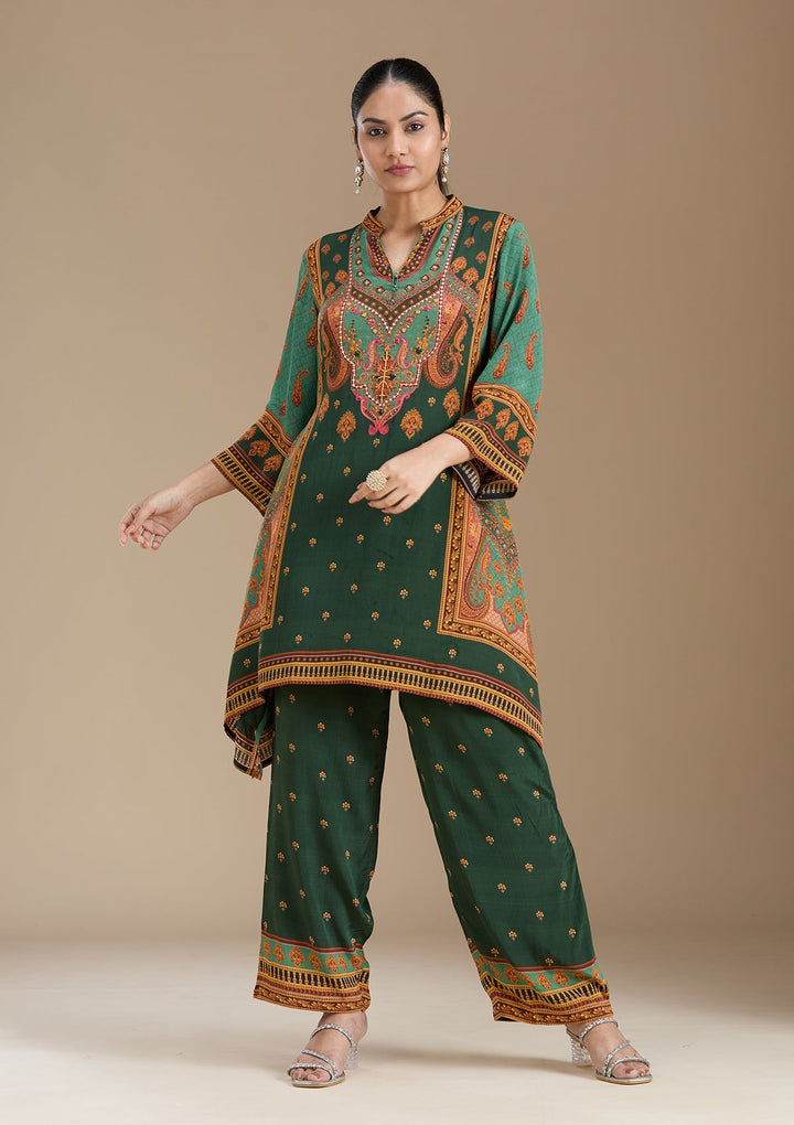 Teal Green Printed Crepe Readymade Salwar Suit_koskii