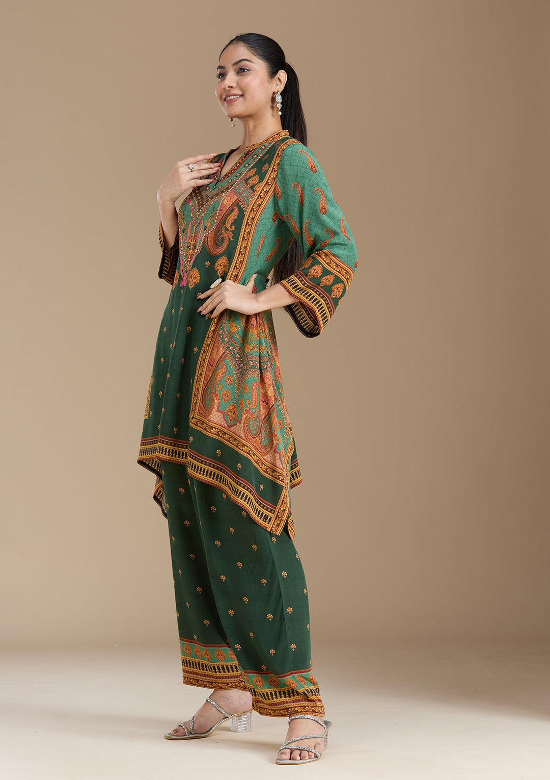 Teal Green Printed Crepe Readymade Salwar Suit_koskii