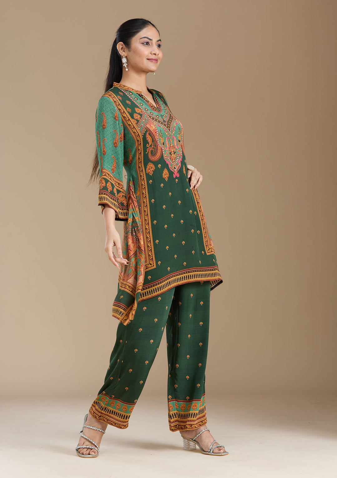 Teal Green Printed Crepe Readymade Salwar Suit_koskii