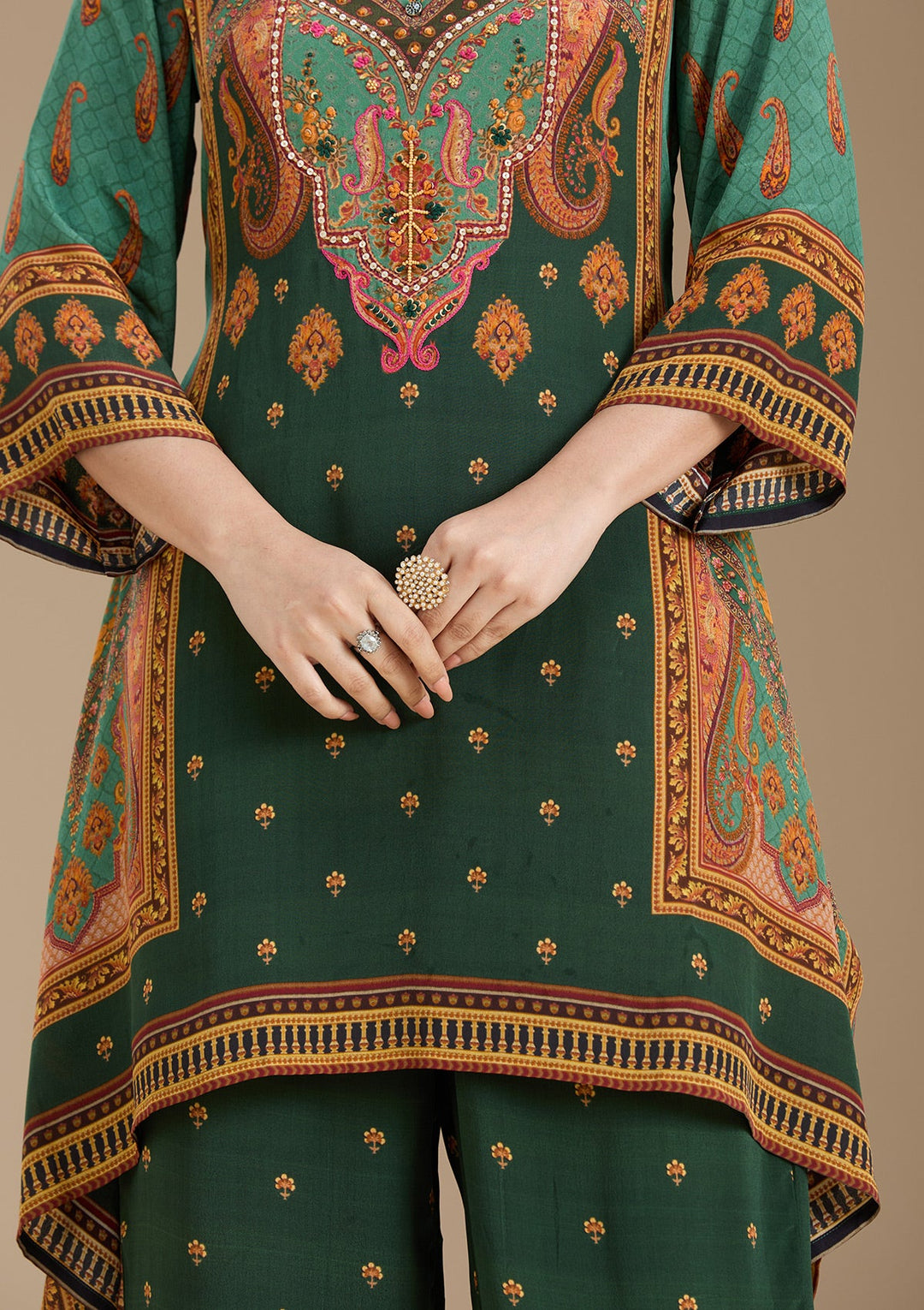 Teal Green Printed Crepe Readymade Salwar Suit_koskii