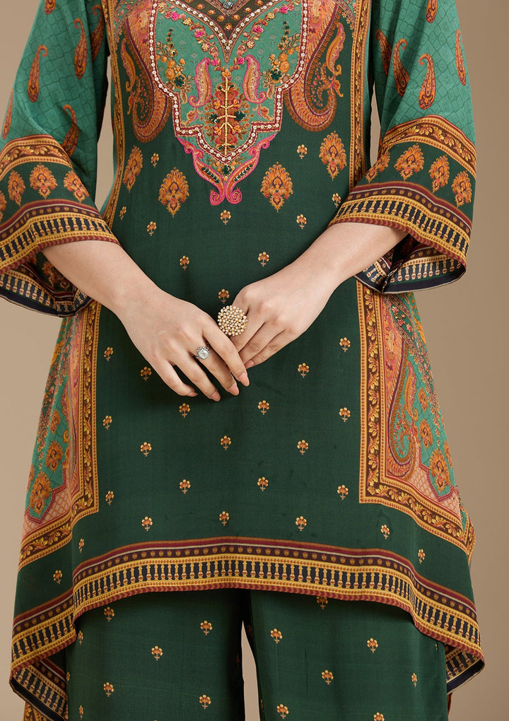 Teal Green Printed Crepe Readymade Salwar Suit_koskii