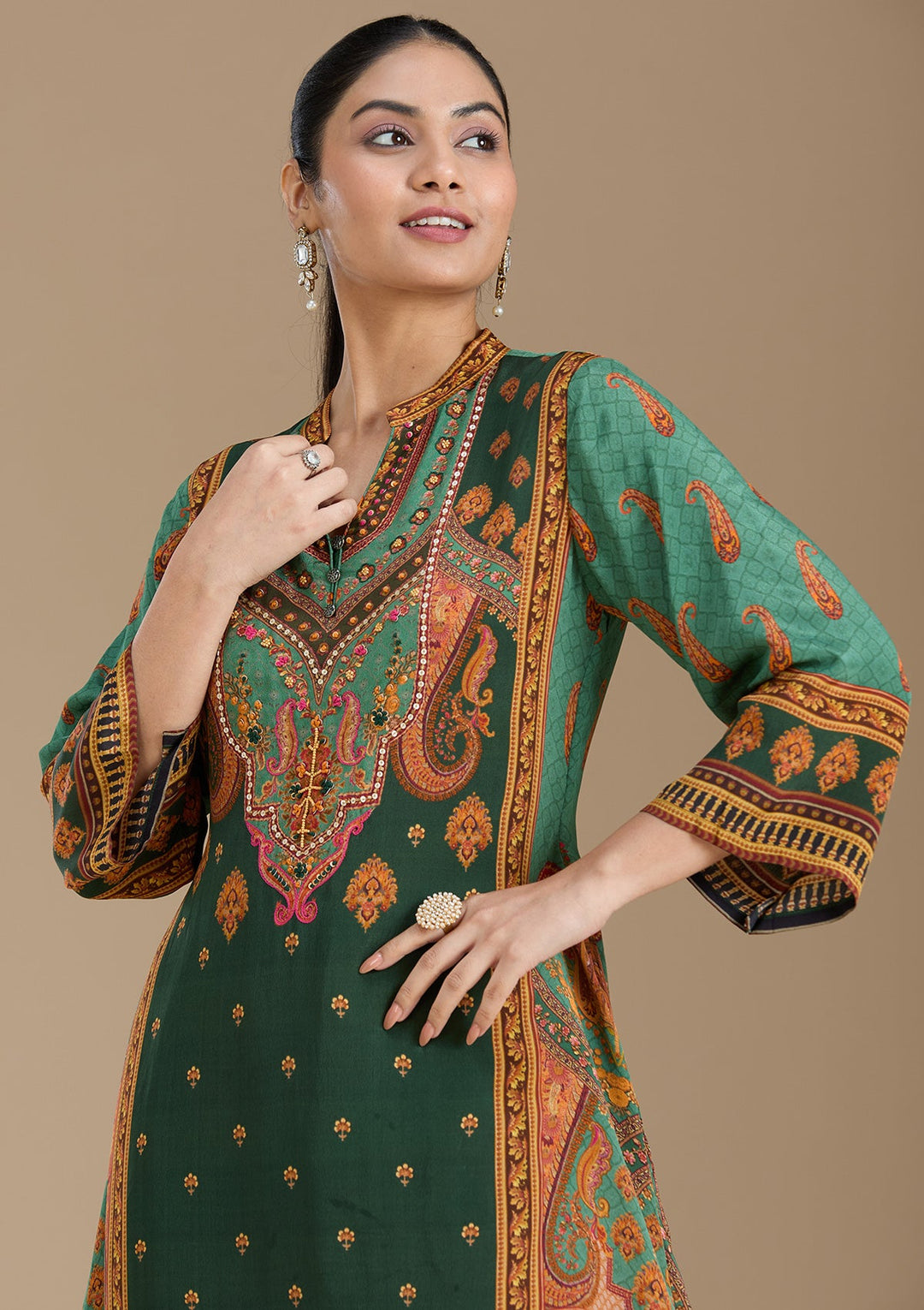 Teal Green Printed Crepe Readymade Salwar Suit_koskii