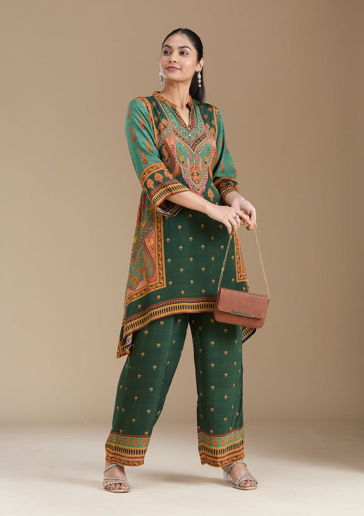 Teal Green Printed Crepe Readymade Salwar Suit_koskii