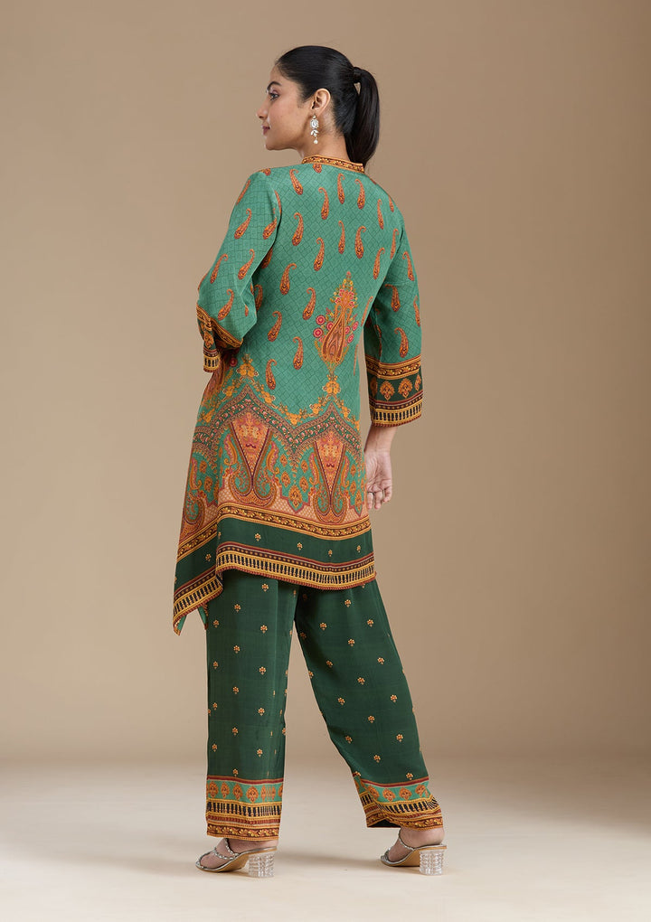 Teal Green Printed Crepe Readymade Salwar Suit_koskii