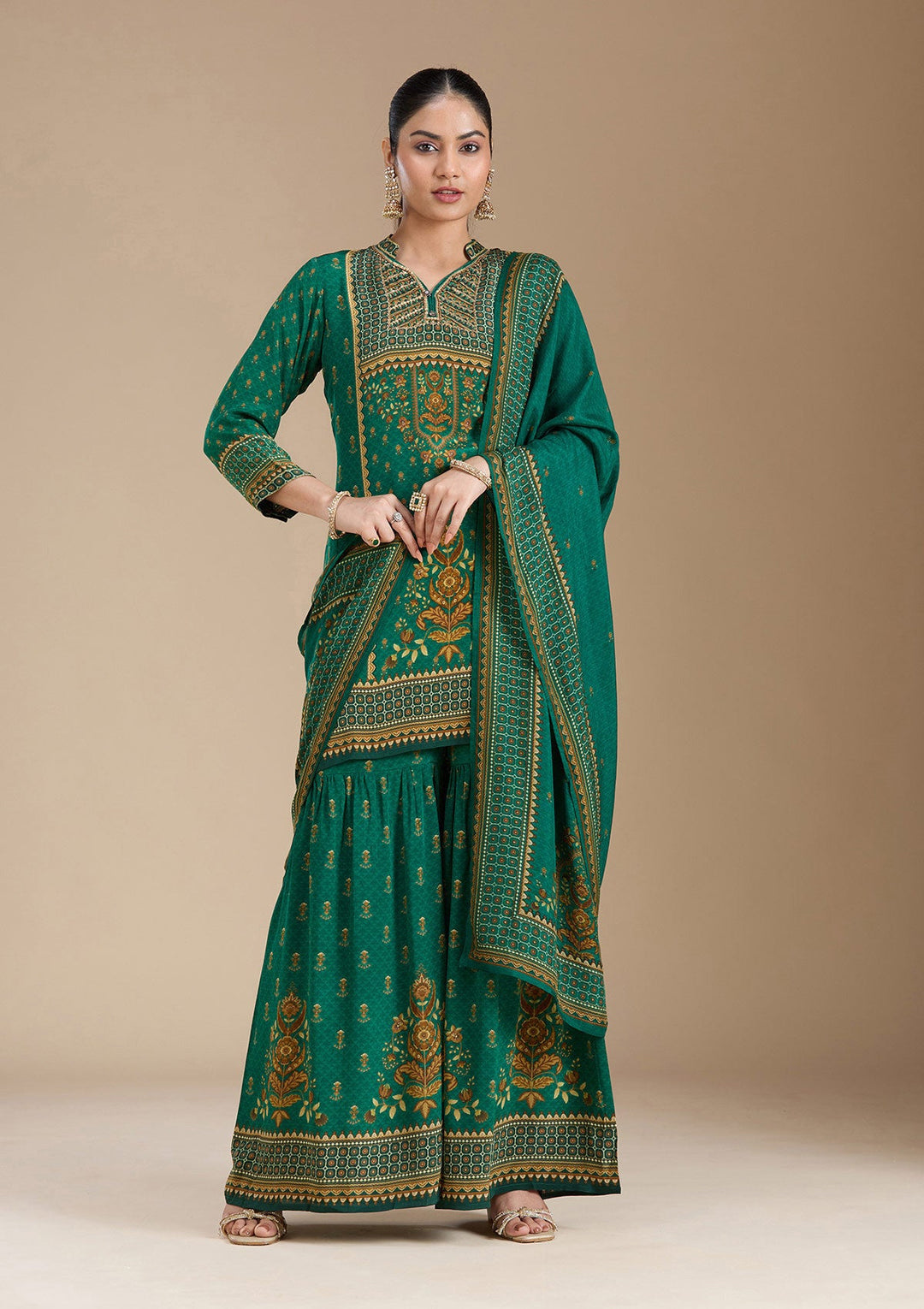 Teal Green Printed Crepe Readymade Salwar Suit_koskii