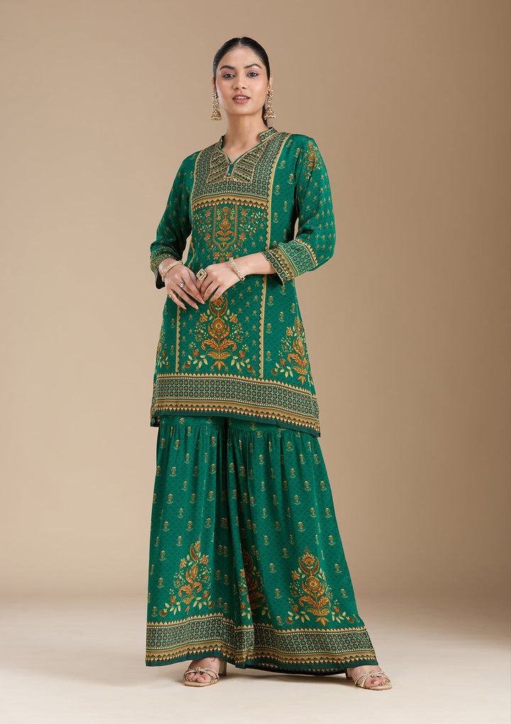 Teal Green Printed Crepe Readymade Salwar Suit_koskii