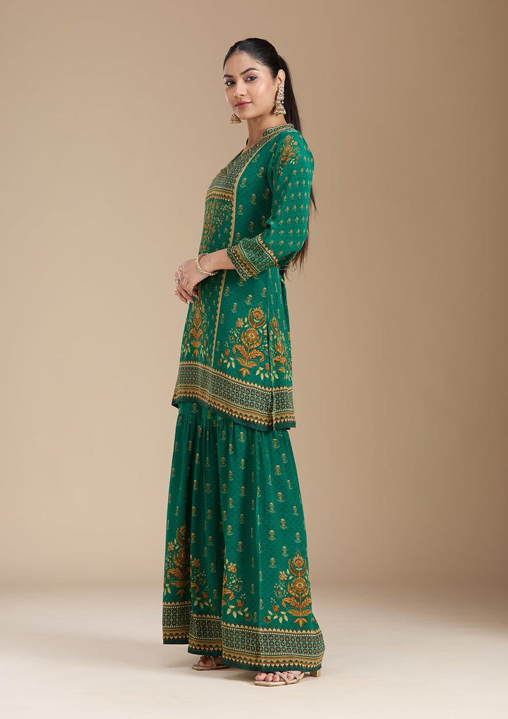 Teal Green Printed Crepe Readymade Salwar Suit_koskii